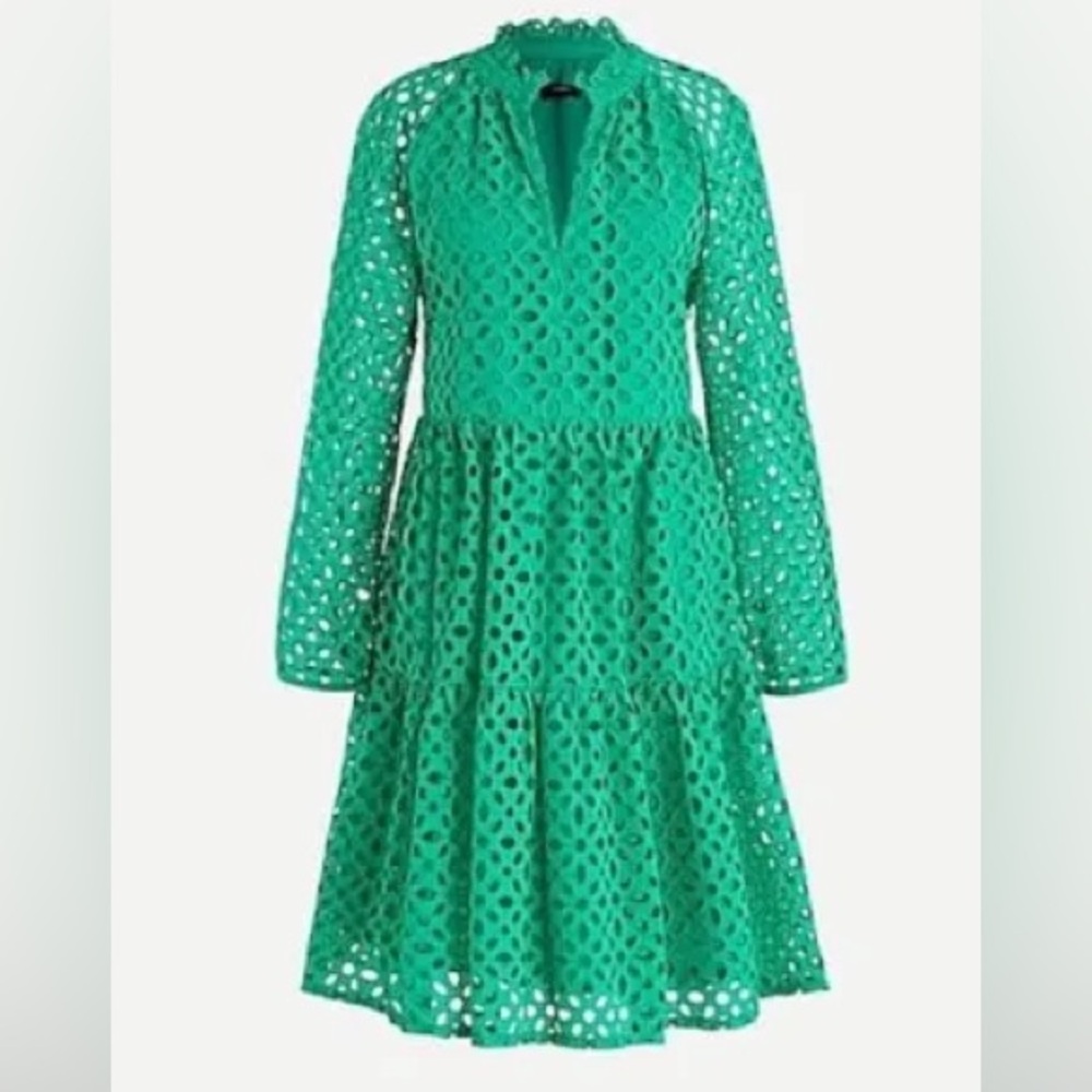 J. Crew Green Tiered Popover Dress in Embroidered Eyelet, Size Small